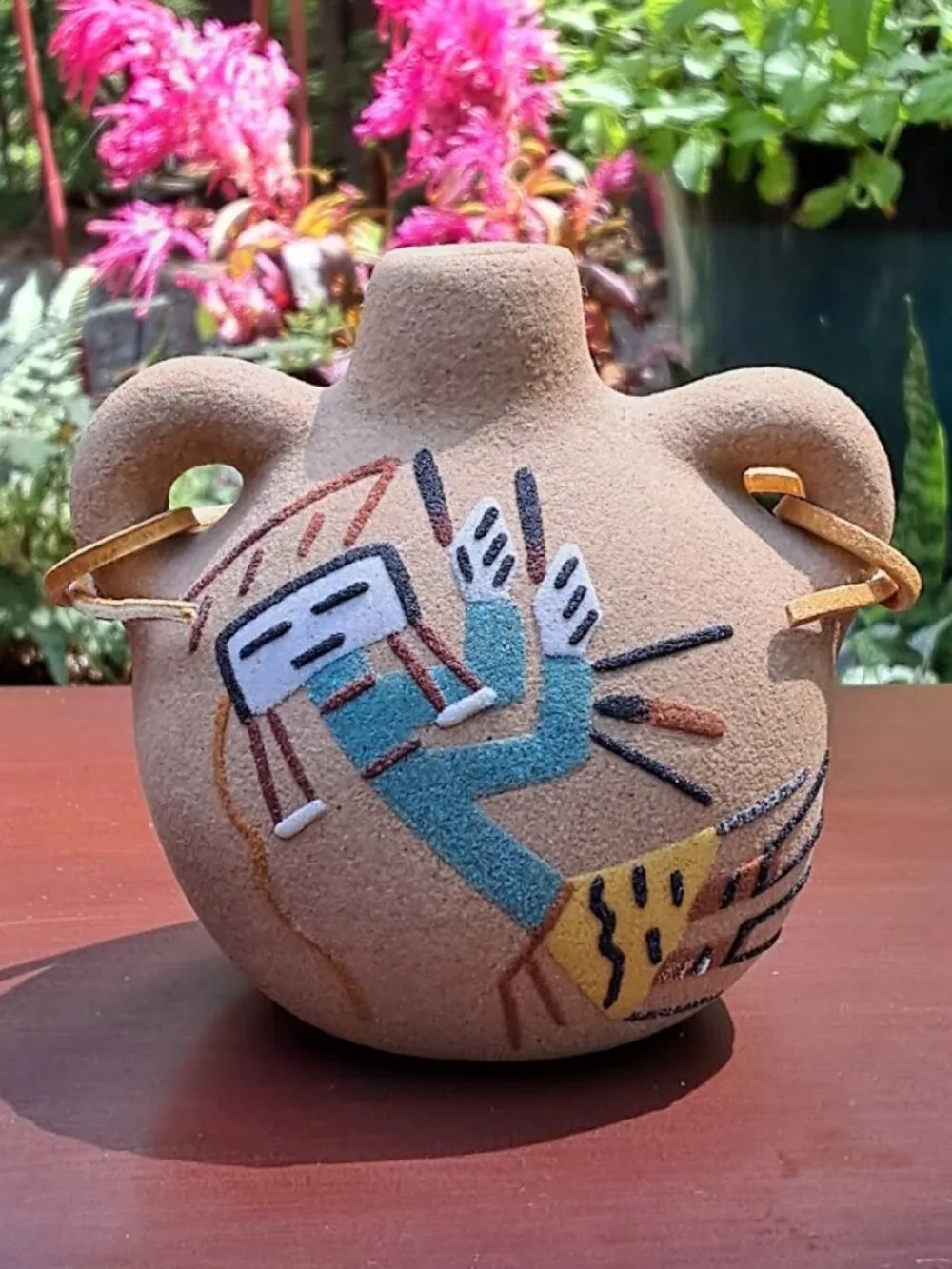 VTG Navajo Sand Art Canteen, Signed R. Watchman, Native American Pottery  4 X 4